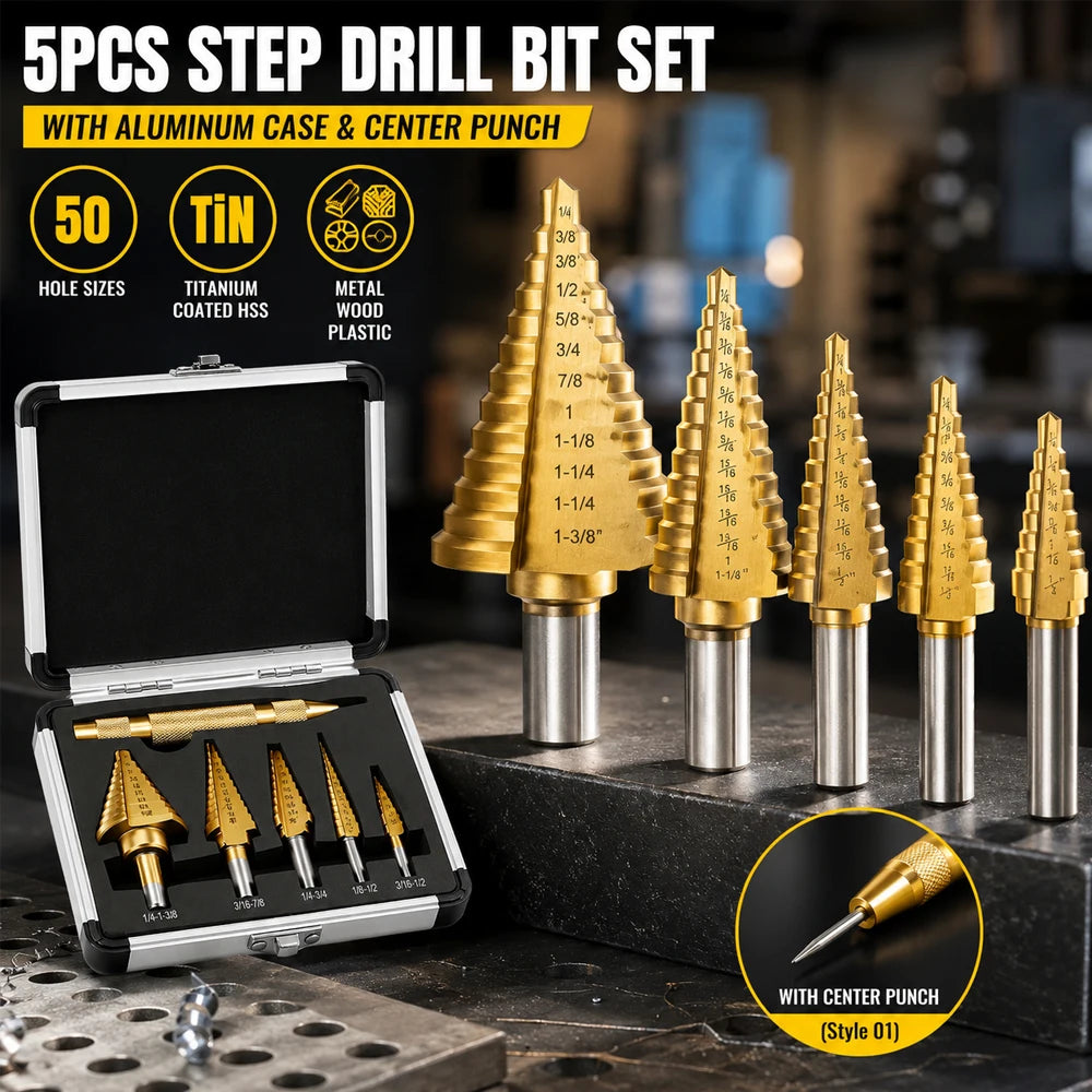 Titanium HSS Step Drill Bit Set – 50 Sizes & Aluminum Case Step Drill Bit Set Richie's