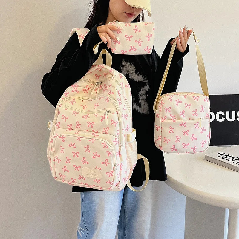 3-Piece Bow Backpack Set – Large Capacity Nylon School Bag Backpack Set Richie's beige pink
