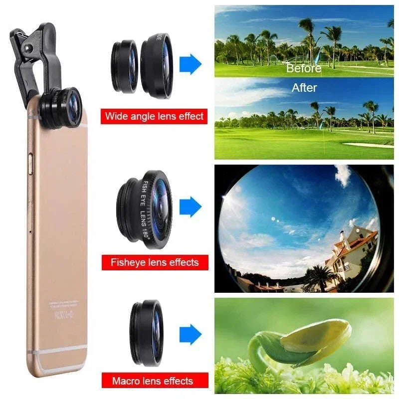 3-in-1 Fisheye Wide Angle Macro Clip Lens Kit for Smartphones Phone Camera Lens Kit Richie's