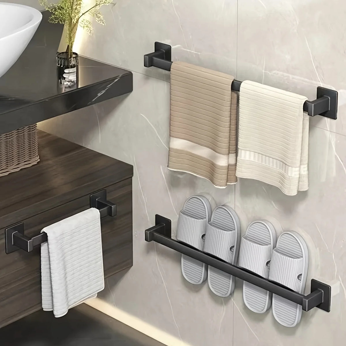 Black No-Drill Wall-Mounted Towel Rack | Space-Saving Bar Wall Towel Rack Richie's Black 2pcs