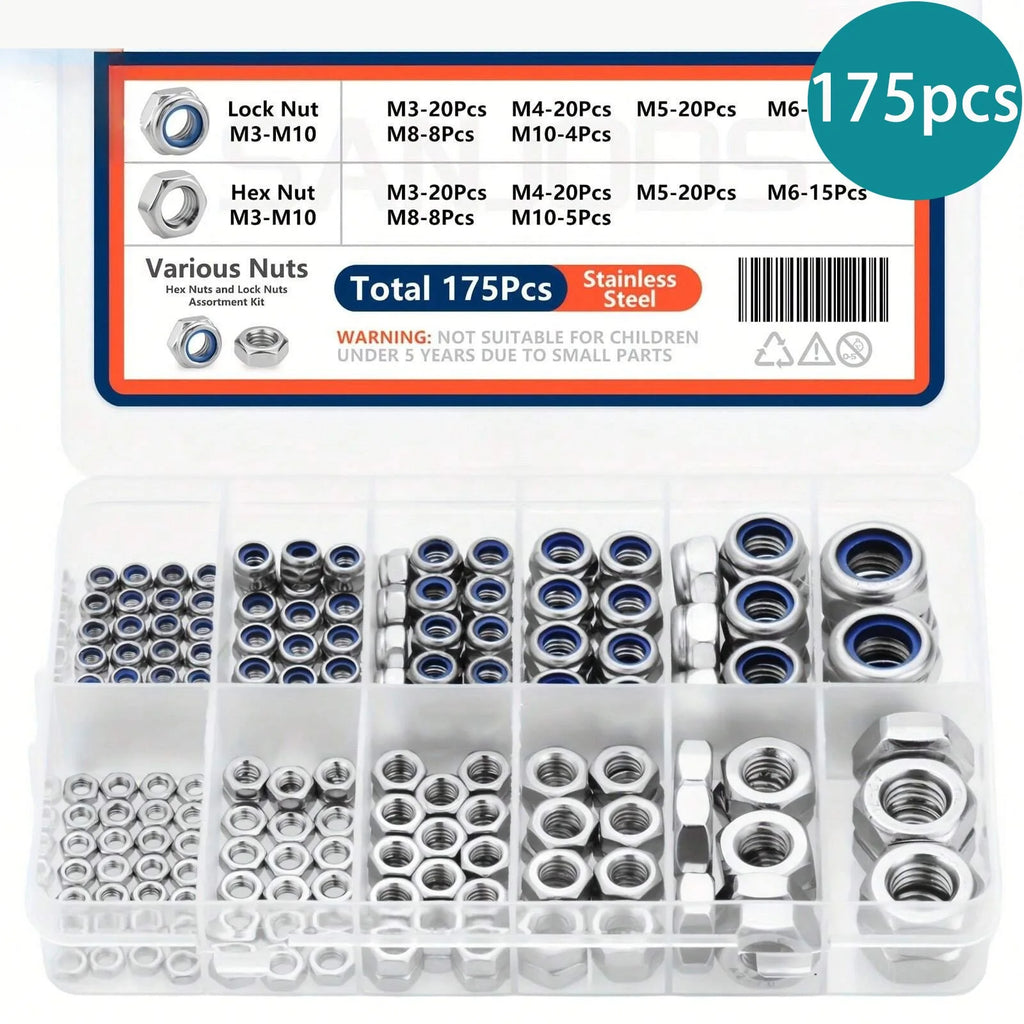 175Pcs Stainless Steel Lock & Hex Nut Kit M3 M4 M5 M6 M8 M10 Nut Fastener Kit Richie's