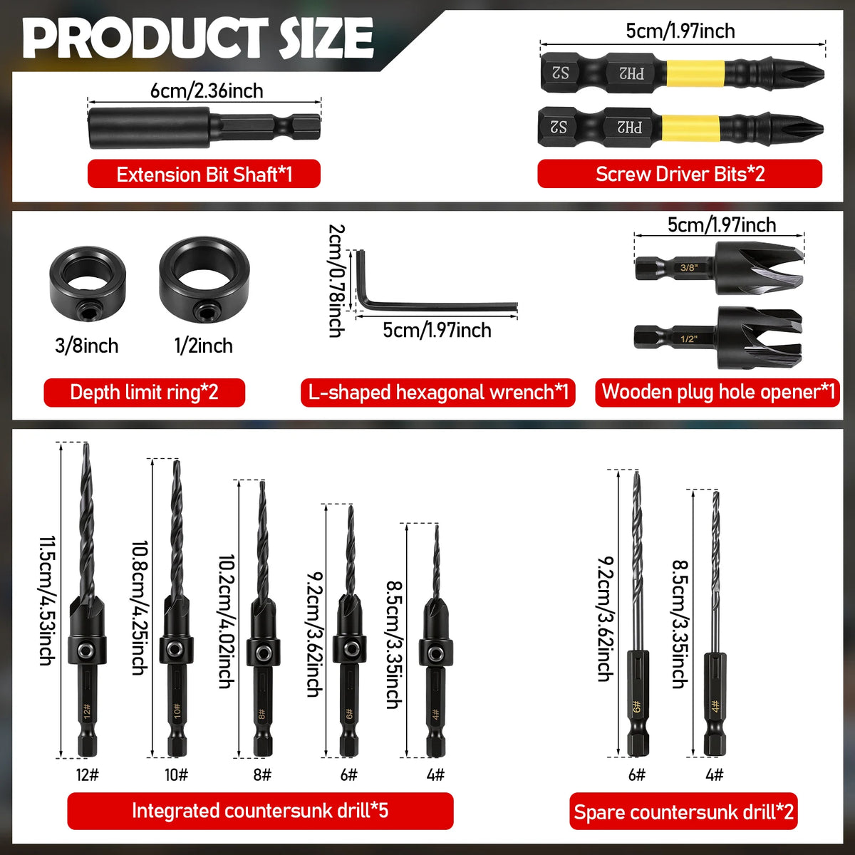 Tapered Countersink Drill Bit Set – S2 Steel Wood Plug Cutter Countersink Drill Set Richie's set A With box
