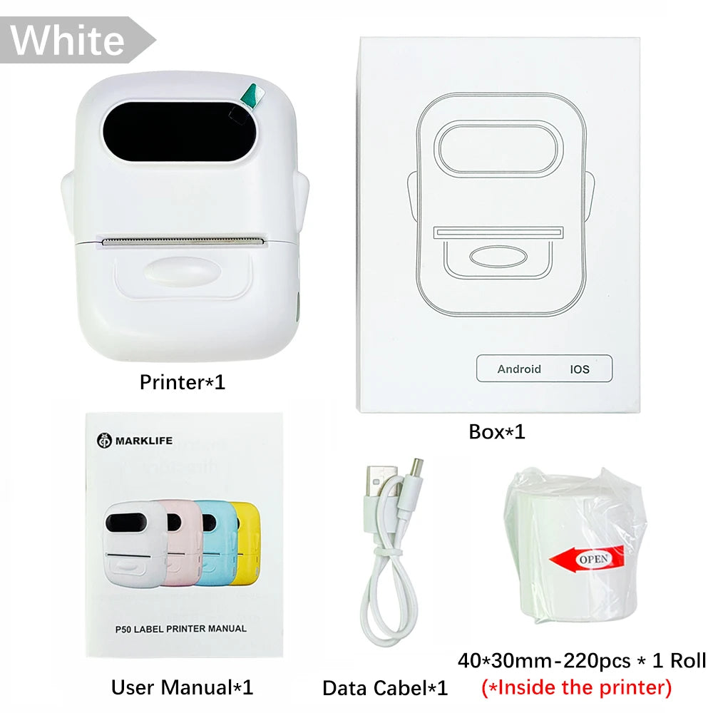 Marklife P50 Bluetooth Thermal Label Printer 12–50mm Thermal Label Printer Richie's White Standard Set