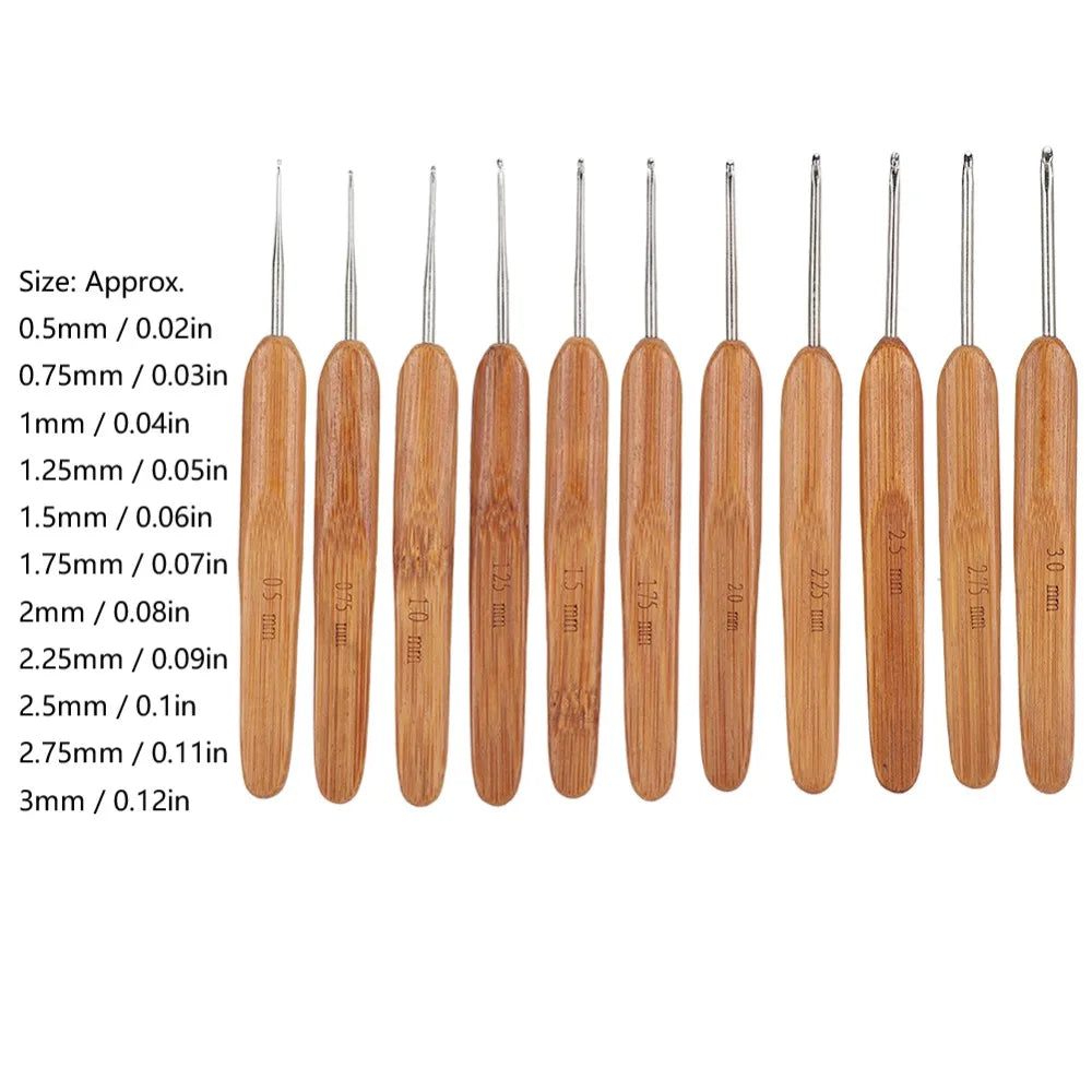 11pc Bamboo Crochet Hook Set Mixed Sizes 0.5–3mm | Ergonomic Crochet Hook Set Richie's