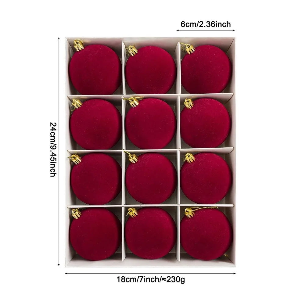 12pcs Flocked Christmas Ball Ornaments Vintage 6cm Set Christmas Ball Ornaments Richie's Wine Red