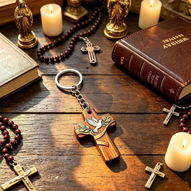 Wood Cross Keychain Dove Print – Baptism & Wedding Gift Set Religious Gift Keychain Richie's