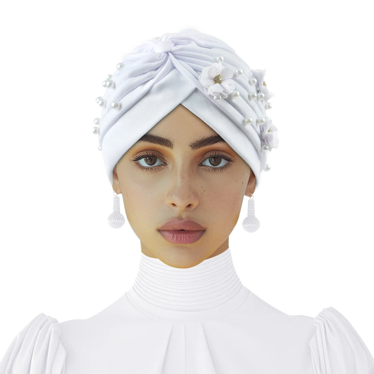 Floral Turban Hijab Hat – Elastic African Head Wrap for Women Turban Hijab Hat Richie's White