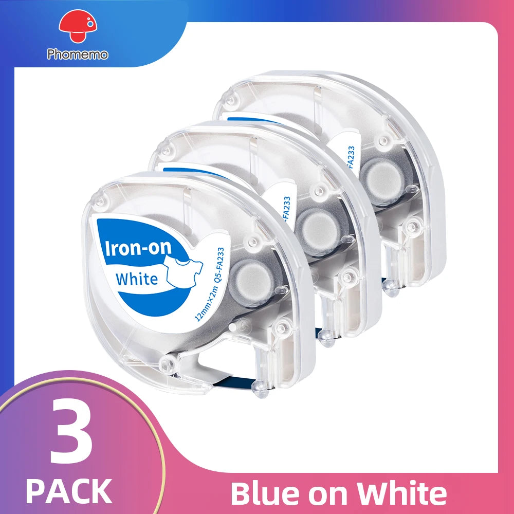 Iron-On Fabric Label Tape 3/5 Pack – Dymo LetraTag & Phomemo P12 Label Maker Tape Richie's 3-Blue on White