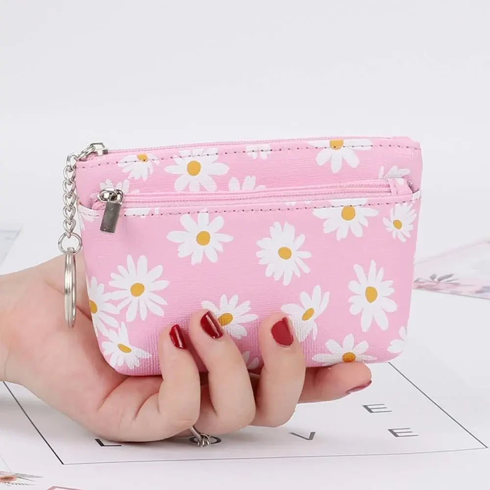 Daisy Print Coin Purse with Zipper & Keychain – Women's Wallet Coin Purse Wallet Richie's Pink