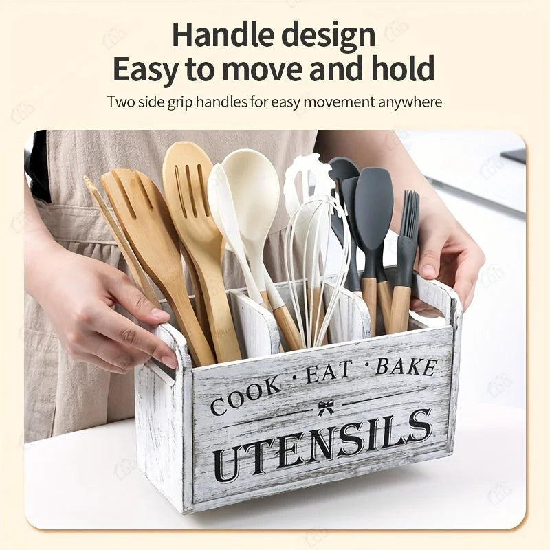 Rustic Wooden Kitchen Utensil Holder – 3-Compartment Organizer Utensil Holder Richie's
