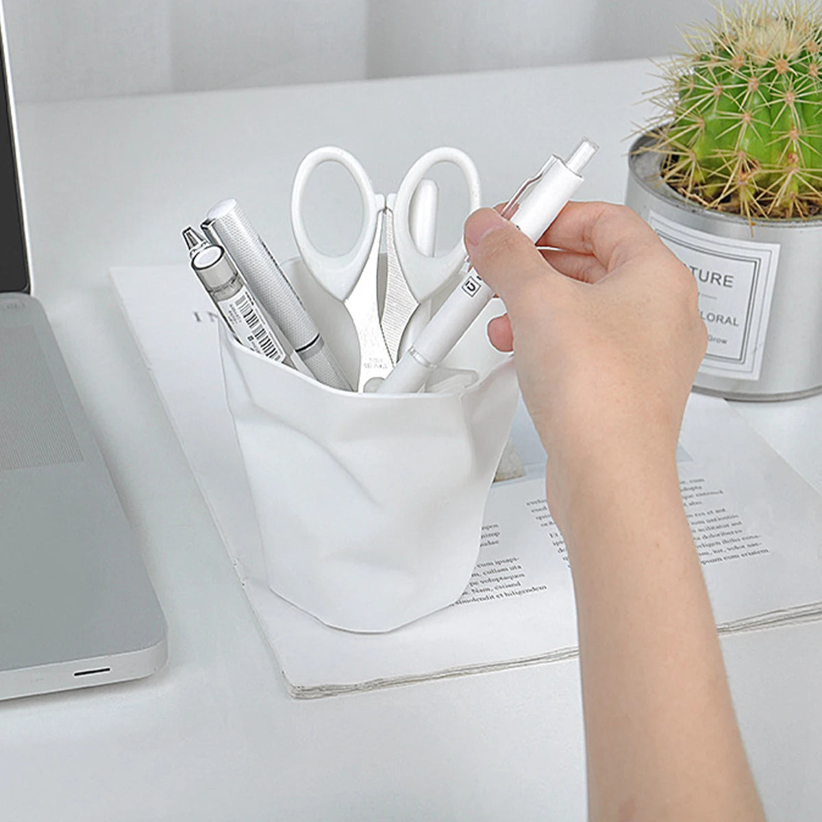White Crinkle Paper Bag Pen Holder | Minimalist Desk Organizer Desktop Pen Holder Richie's