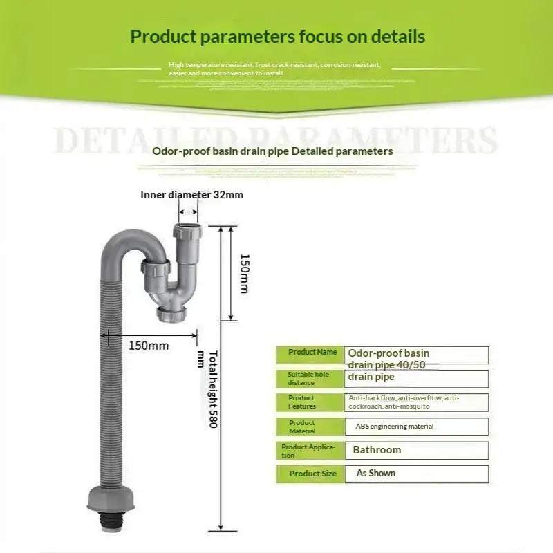 Flexible S-Trap Sink Drain Pipe – Anti-Odor PP Hose 60cm Sink Drain Pipe Richie's