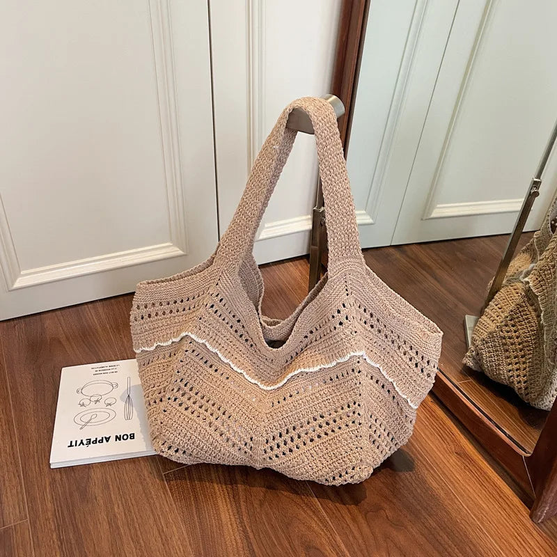 Crochet Tote Bag – Hollow Knit Women's Shoulder Handbag Crochet Tote Bag Richie's khaki white