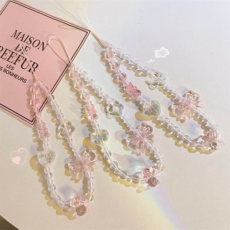 Korean Pink Bear Butterfly Phone Strap Lanyard Keychain Charm Phone Strap Keychain Richie's