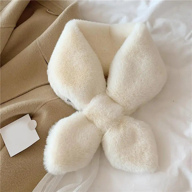 Women's Faux Rabbit Fur Cross Collar Scarf – Plush Wrap Faux Fur Scarf Richie's White