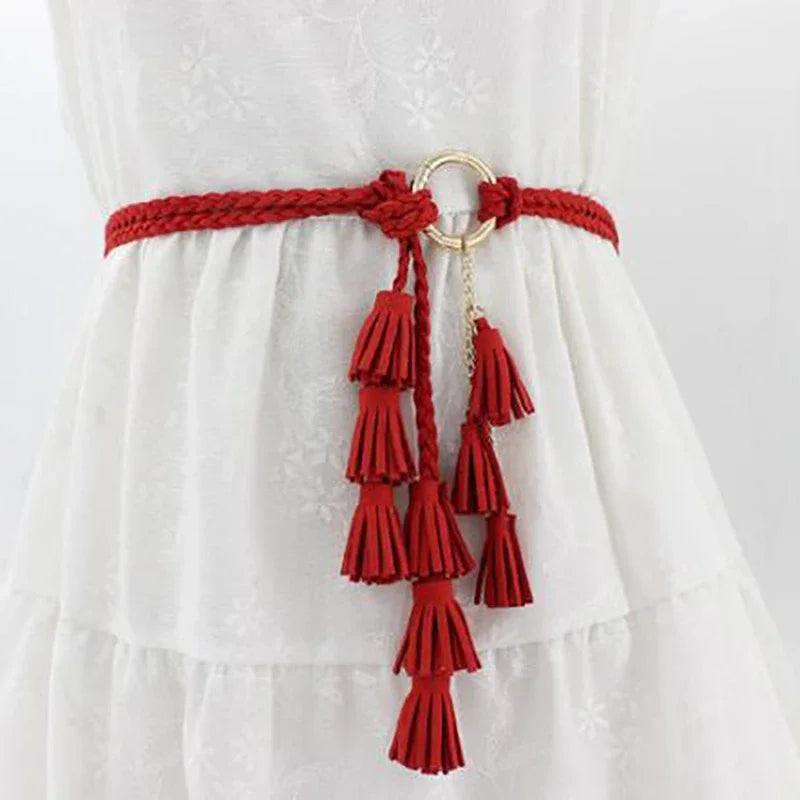 Women's Boho Braided Tassel Belt – Knit Waist Rope for Dresses Braided Waist Belt Richie's Red