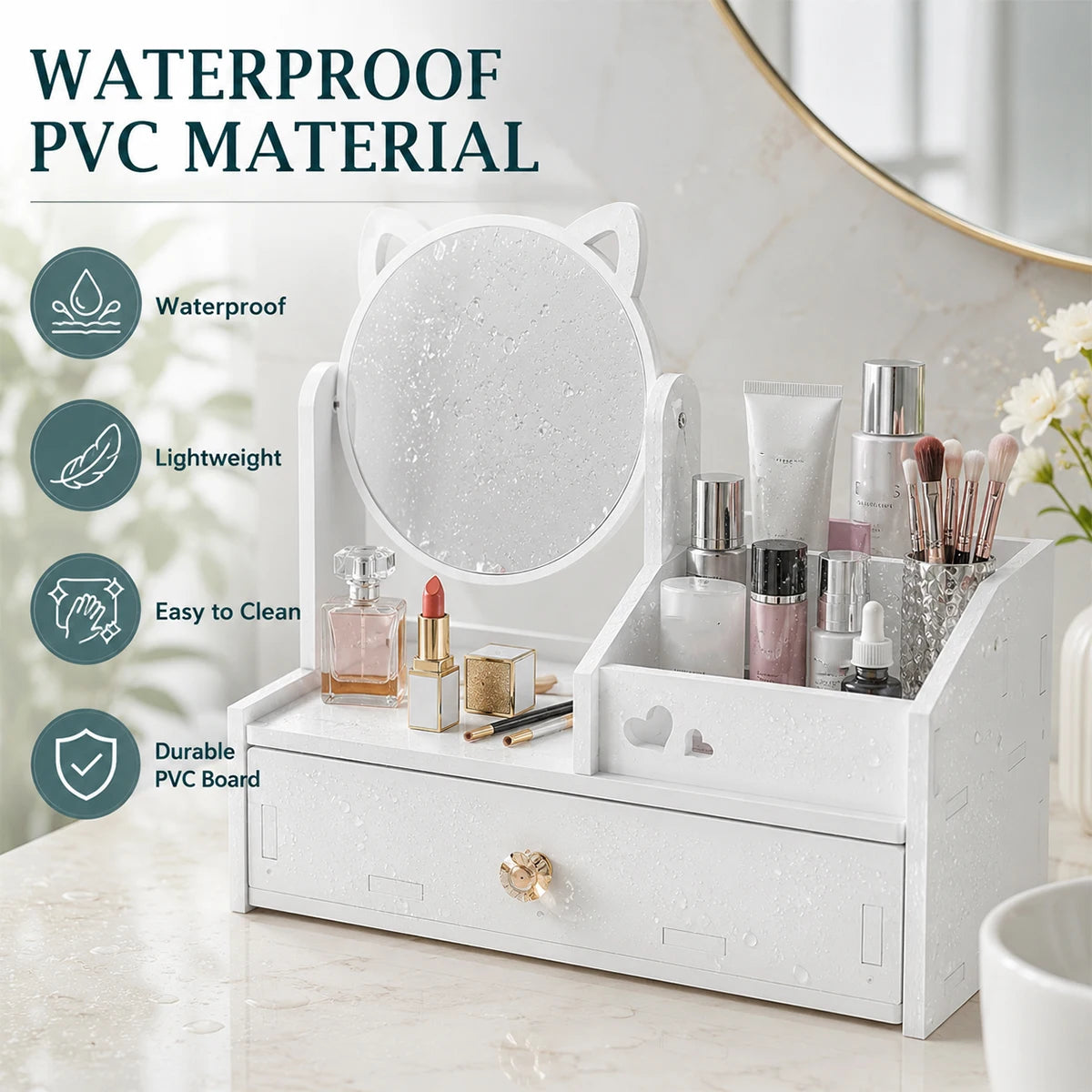 White Cat Makeup Organizer with Swivel Mirror & Drawer Makeup Storage Organizer Richie's