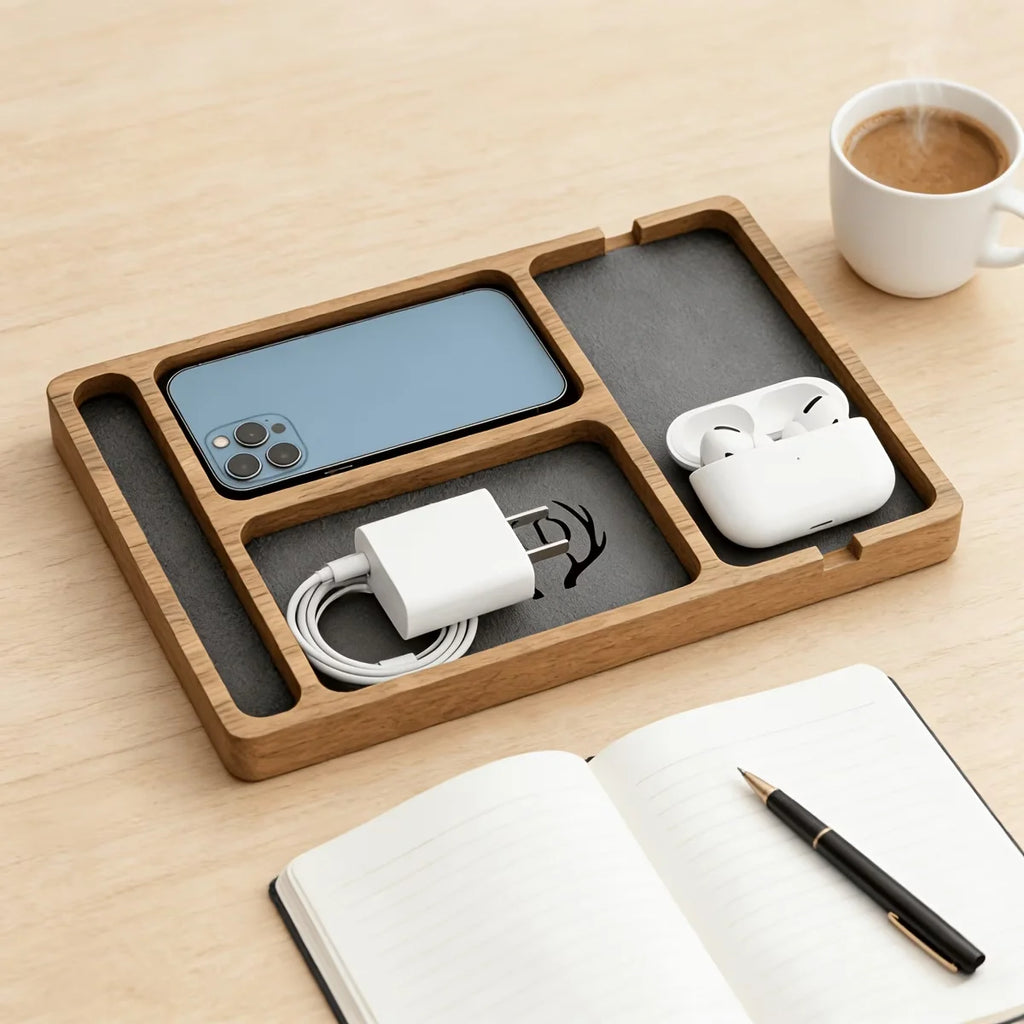 Wooden Tray with Leather Lining & Partitions | Desk Organizer Wooden Organizer Tray Richie's Default Title