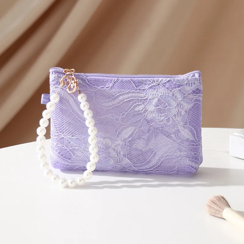 Lace Cosmetic Pouch with Pearl Chain – Women's Makeup Bag Cosmetic Makeup Bag Richie's S-11X16X3CM-purple