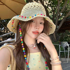 Women's Handmade Crochet Straw Bucket Hat – Wide Brim Beach Straw Bucket Hat Richie's