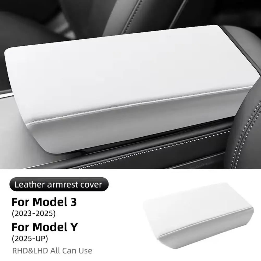 Tesla Model 3 & Y Armrest Cover – Soft Leather Console Pad Armrest Console Cover Richie's White