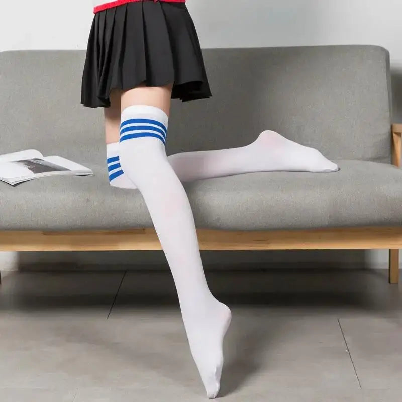 Women's Striped Thigh High Socks | Over-Knee Academic Style Thigh High Socks Richie's White blue line One Size