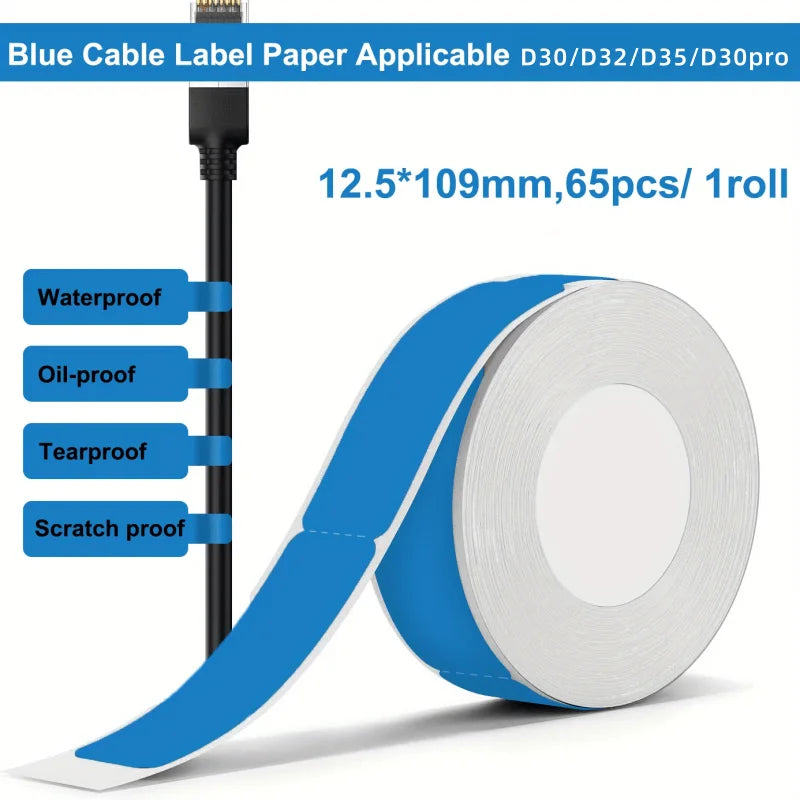Bekia Cable Thermal Label Rolls for Phomemo D30 D32 D35 Printer Thermal Label Rolls Richie's 1 Roll Blue