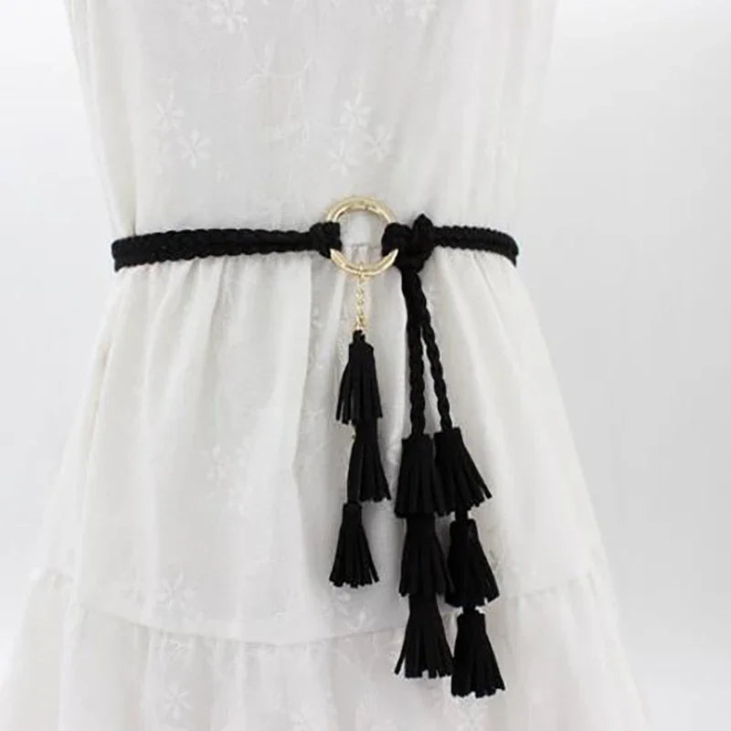 Women's Boho Braided Tassel Belt – Knit Waist Rope for Dresses Braided Waist Belt Richie's Black