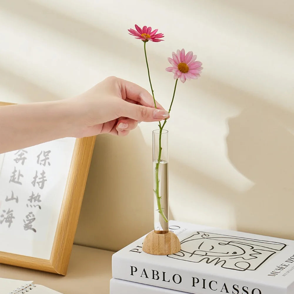 Hydroponic Test Tube Vase with Bamboo Base | Clear Tabletop Decor Hydroponic Flower Vase Richie's