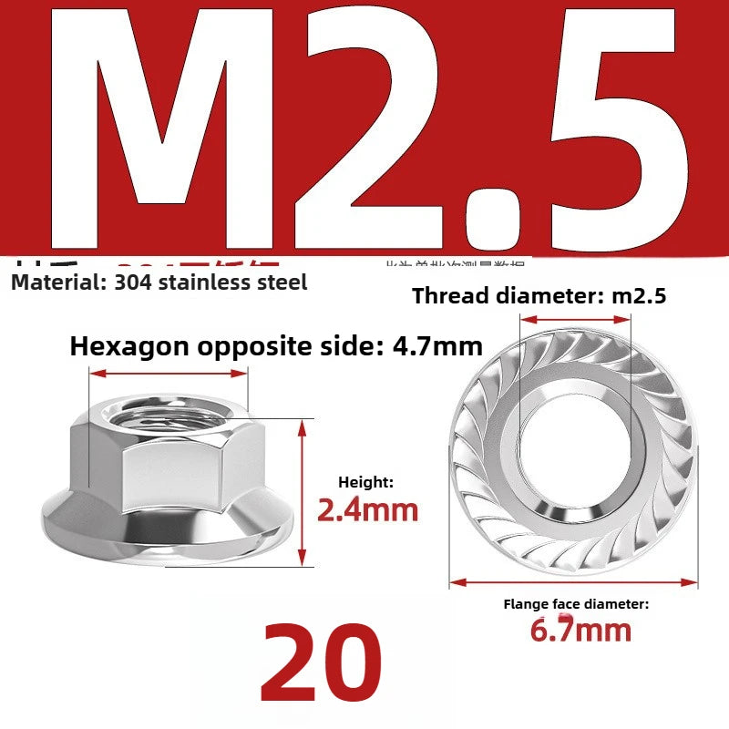 304 SS Hex Flange Nuts M3–M8 Anti-Loosening Serrated Hex Flange Nuts Richie's 304 M2.5 20pcs