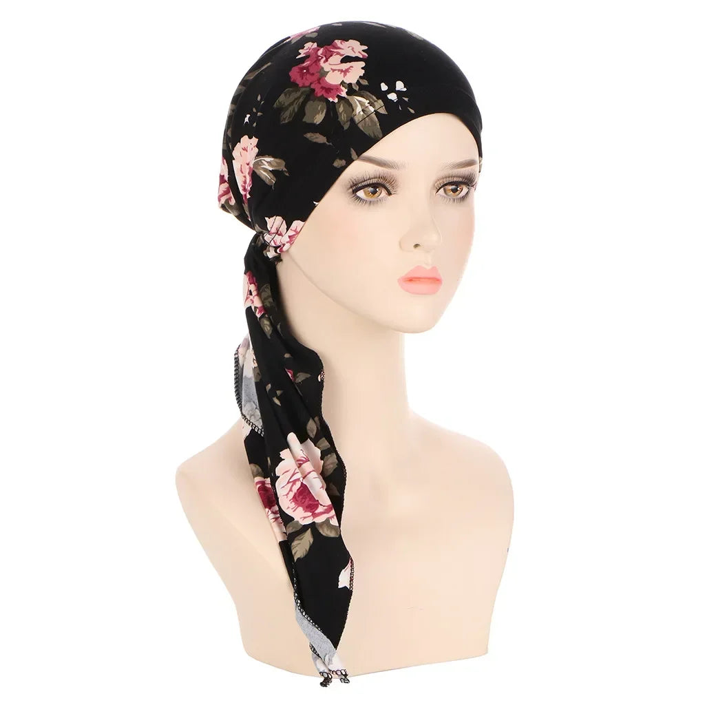 Women's Floral Turban Hijab Stretch Pre-Tied Head Wrap Cap Turban Head Wrap Richie's black big flower