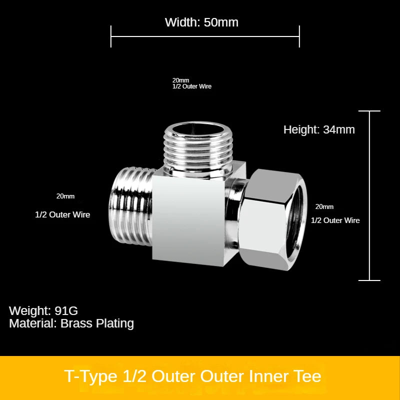 1/2" All-Brass Three-Way Faucet Splitter | 1-In-2-Out Fitting Brass Pipe Fitting Richie's 6