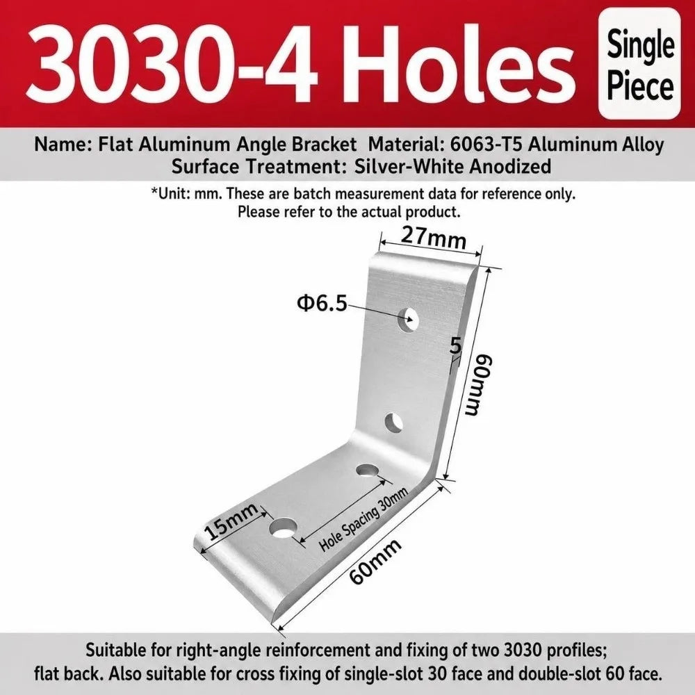90° Aluminum Angle Bracket Flat Right Angle Frame Joint Connector Aluminum Angle Bracket Richie's 3030-4Hole Silver