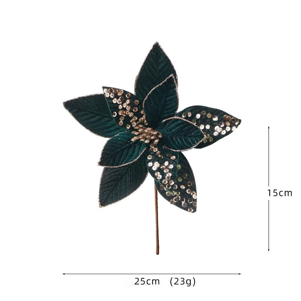 25CM Glitter Artificial Poinsettia Flower | Christmas Wedding Decor Artificial Decorative Flower Richie's Dark Green