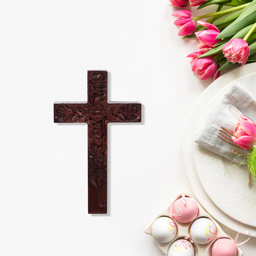Wooden Cross Wall Decor Dark Brown Hand-Carved Rose Rustic Art Religious Wall Decor Richie's Default Title