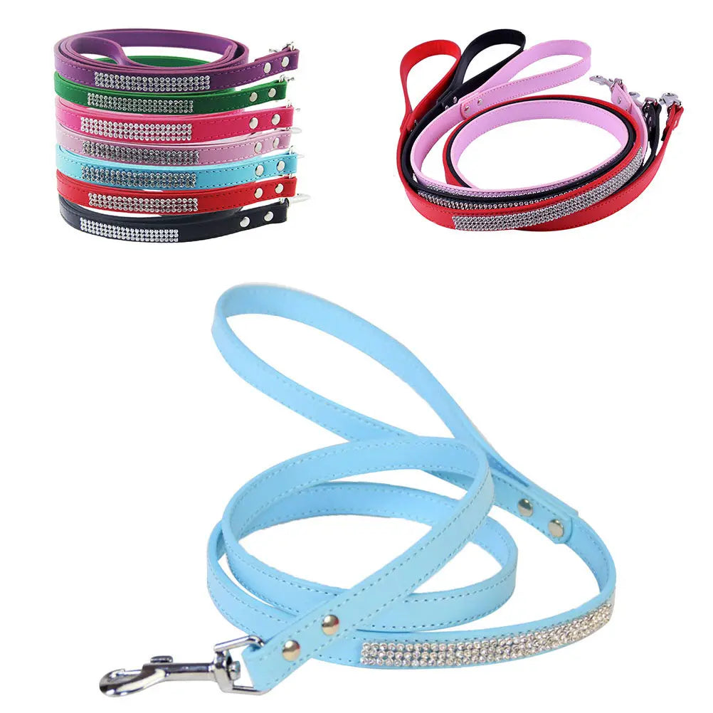 Sparkly Rhinestone Dog Leash for Small Dogs | Bling PU Leash Rhinestone Dog Leash Richie's Blue
