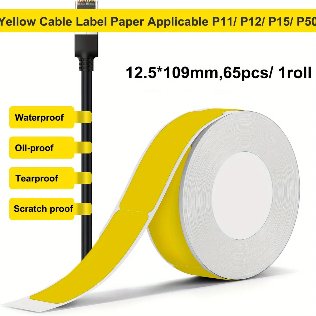 Bekia Cable Thermal Label Rolls for Phomemo D30 D32 D35 Printer Thermal Label Rolls Richie's 1 Roll Yellow