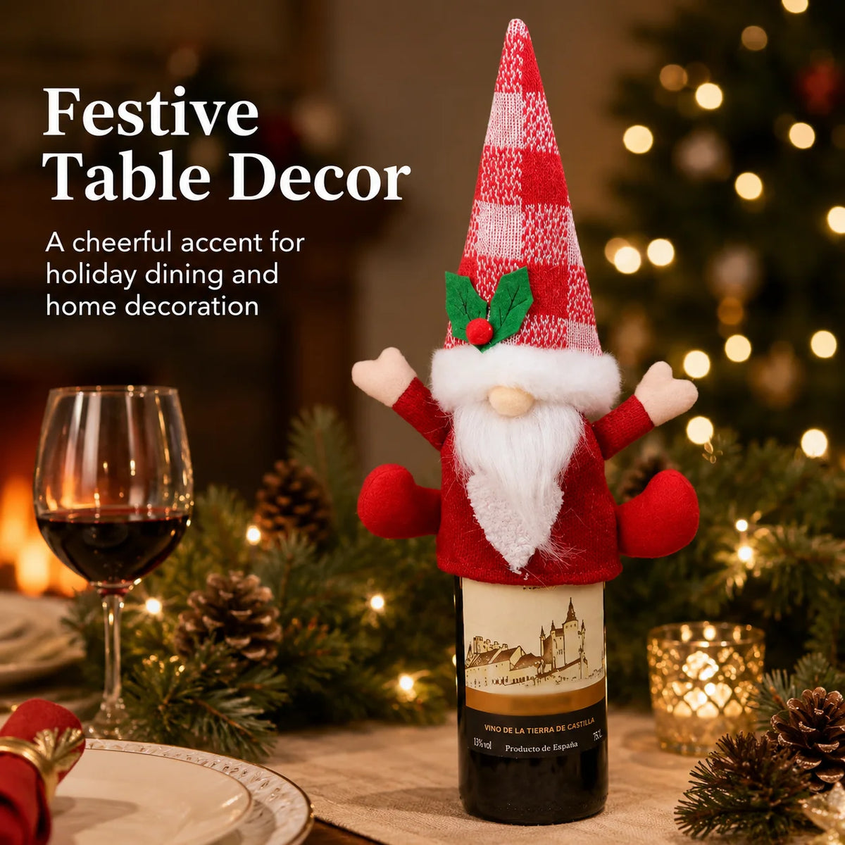Christmas Gnome Knit Wine Bottle Cover | Holly Berry Xmas Decor Wine Bottle Cover Richie's 25x19cm