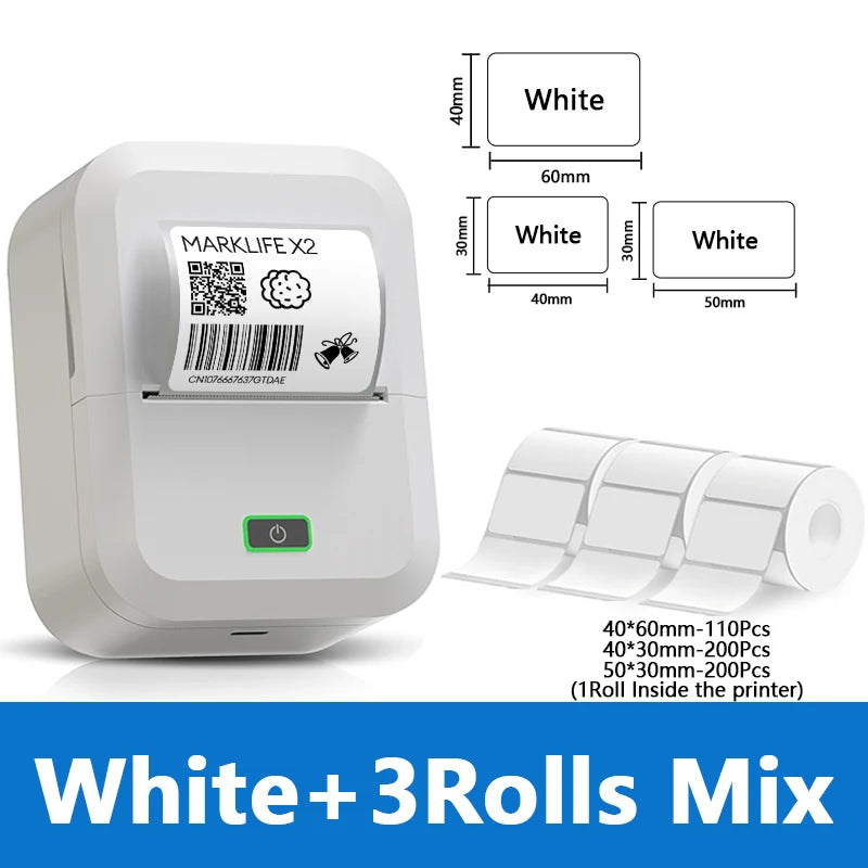 Marklife X2 Mini Bluetooth Thermal Label Printer – Inkless Thermal Label Printer Richie's White 3Rolls Mix