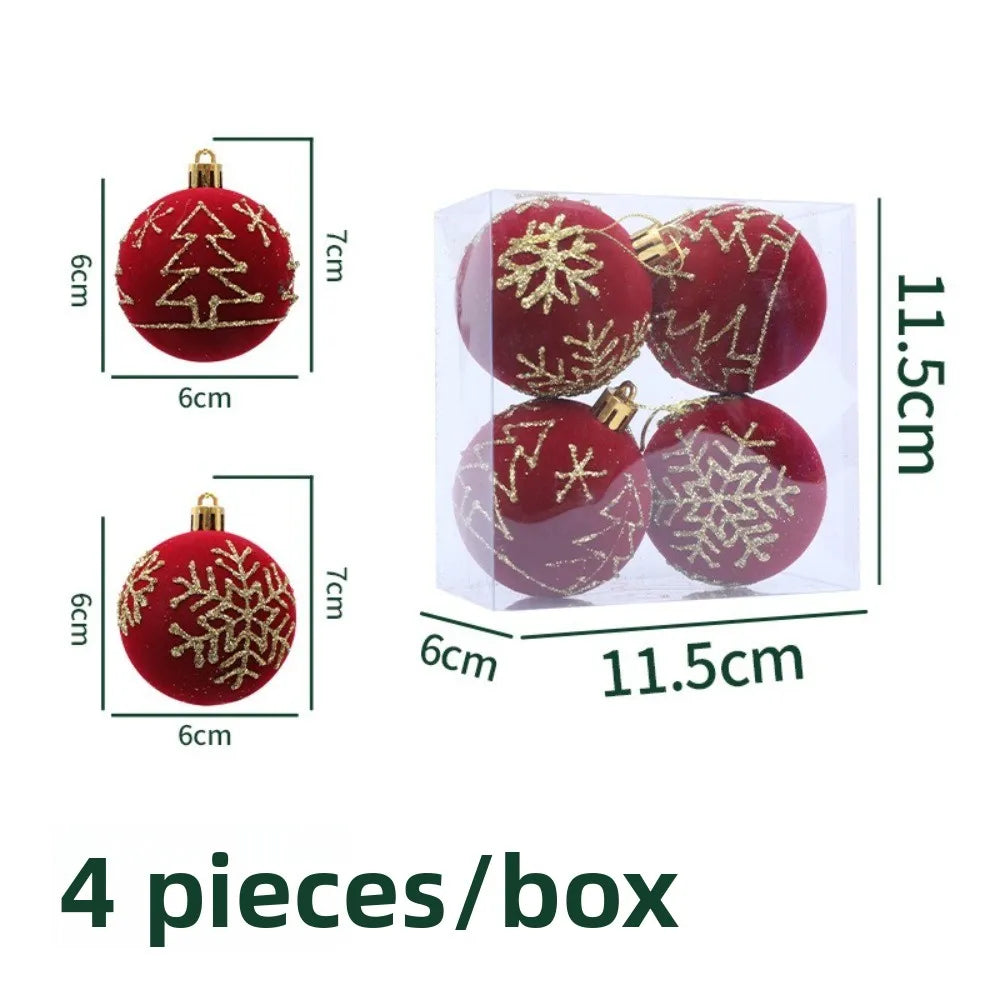 4PCS Flocked Christmas Ball Ornaments 6cm Xmas Tree Pendants Christmas Tree Ornaments Richie's