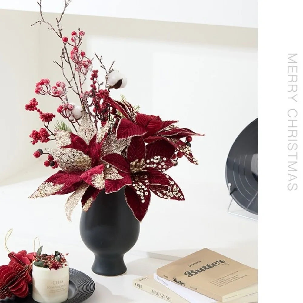 25CM Glitter Sequin Artificial Poinsettia Flower | Christmas Decor Artificial Holiday Flower Richie's