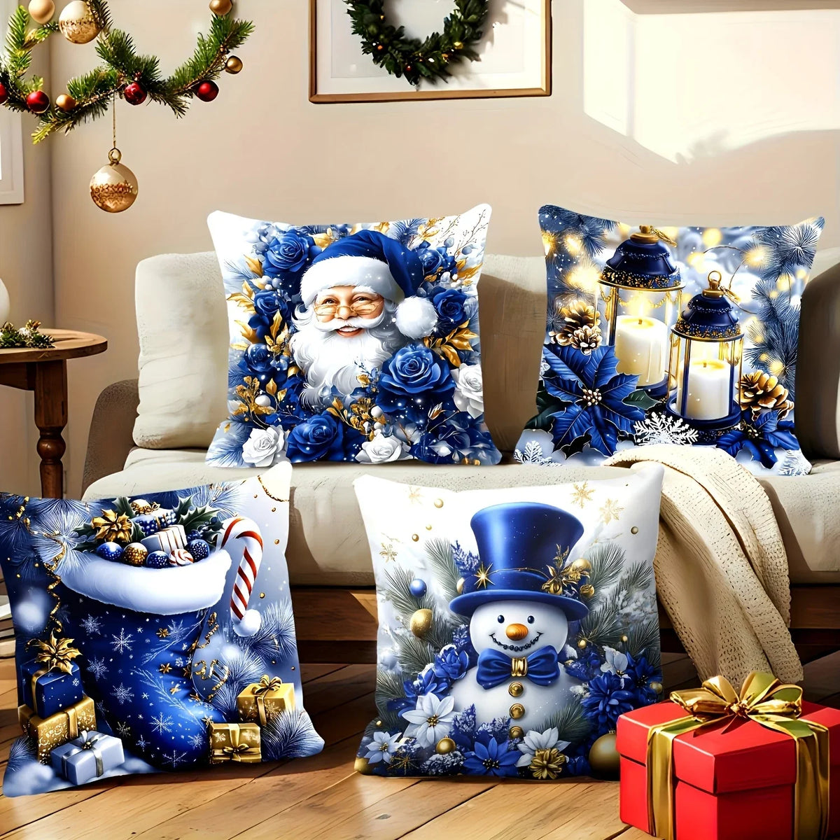 4 Christmas Throw Pillow Covers Dark Blue Santa Snowman Print Throw Pillow Covers Richie's