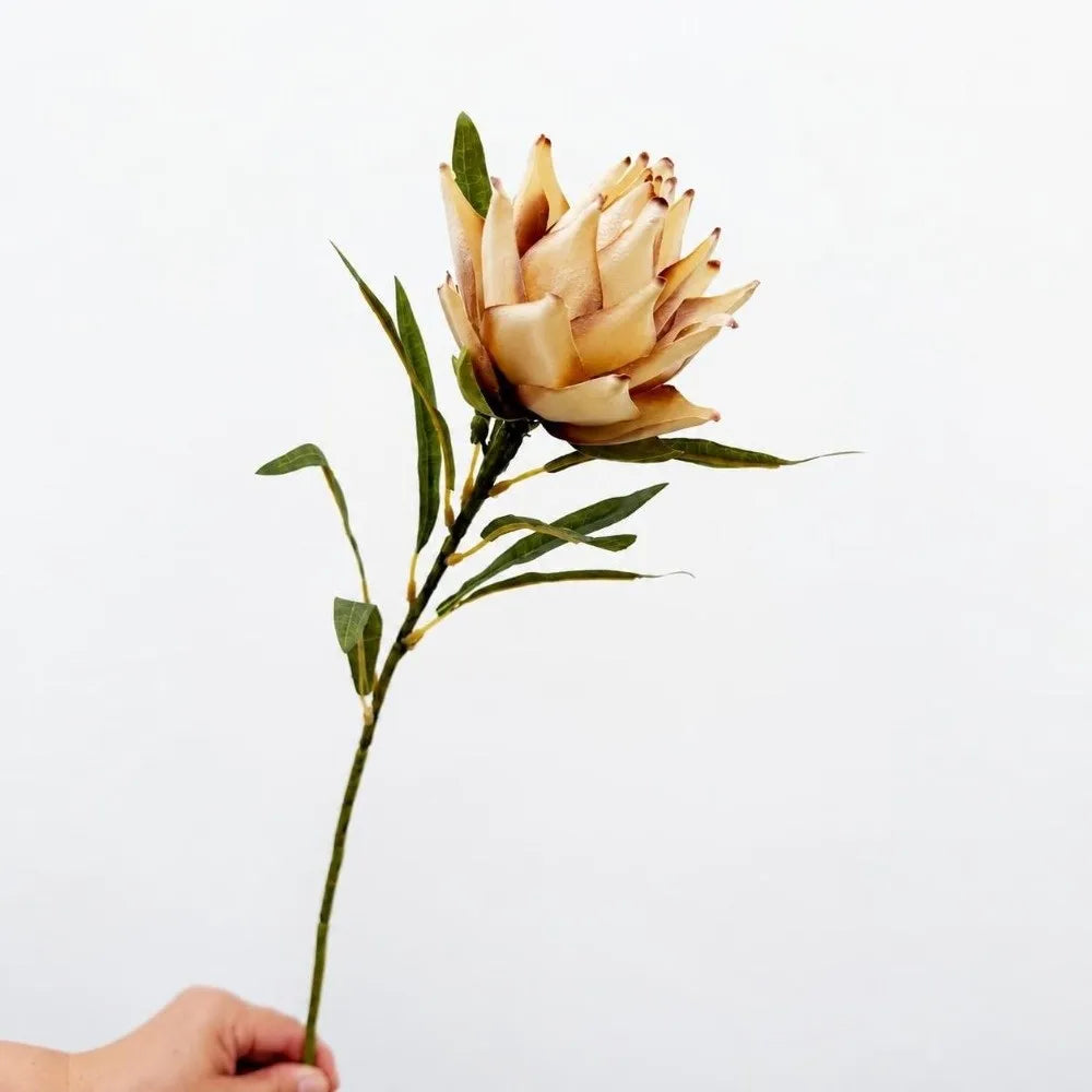 Flocked Artificial Emperor Protea Flower Large Silk Bloom 65cm Artificial Flower Richie's A-Khaki