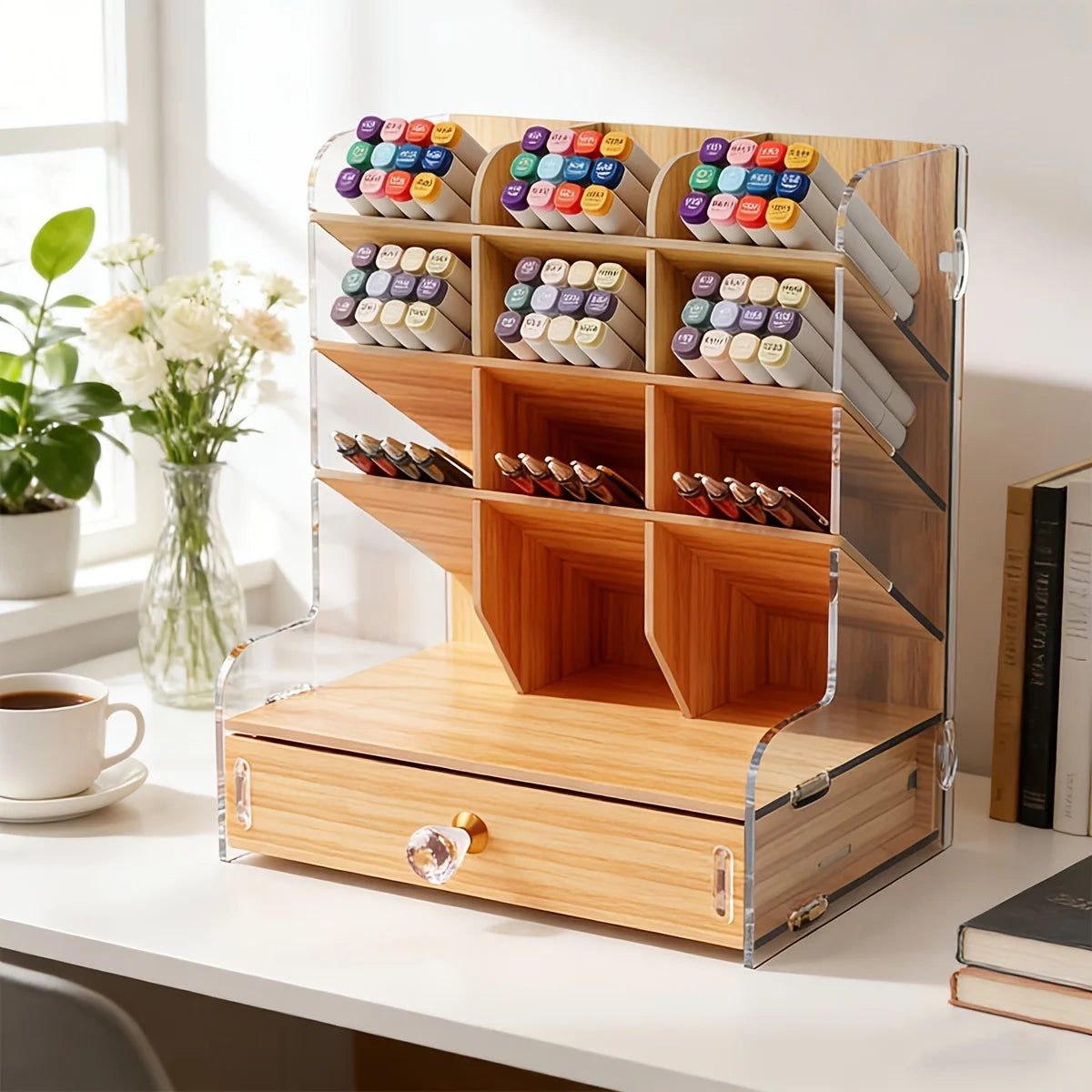 Wooden Desk Organizer with Drawer & Multi-Compartment Holder Desk Organizer Richie's