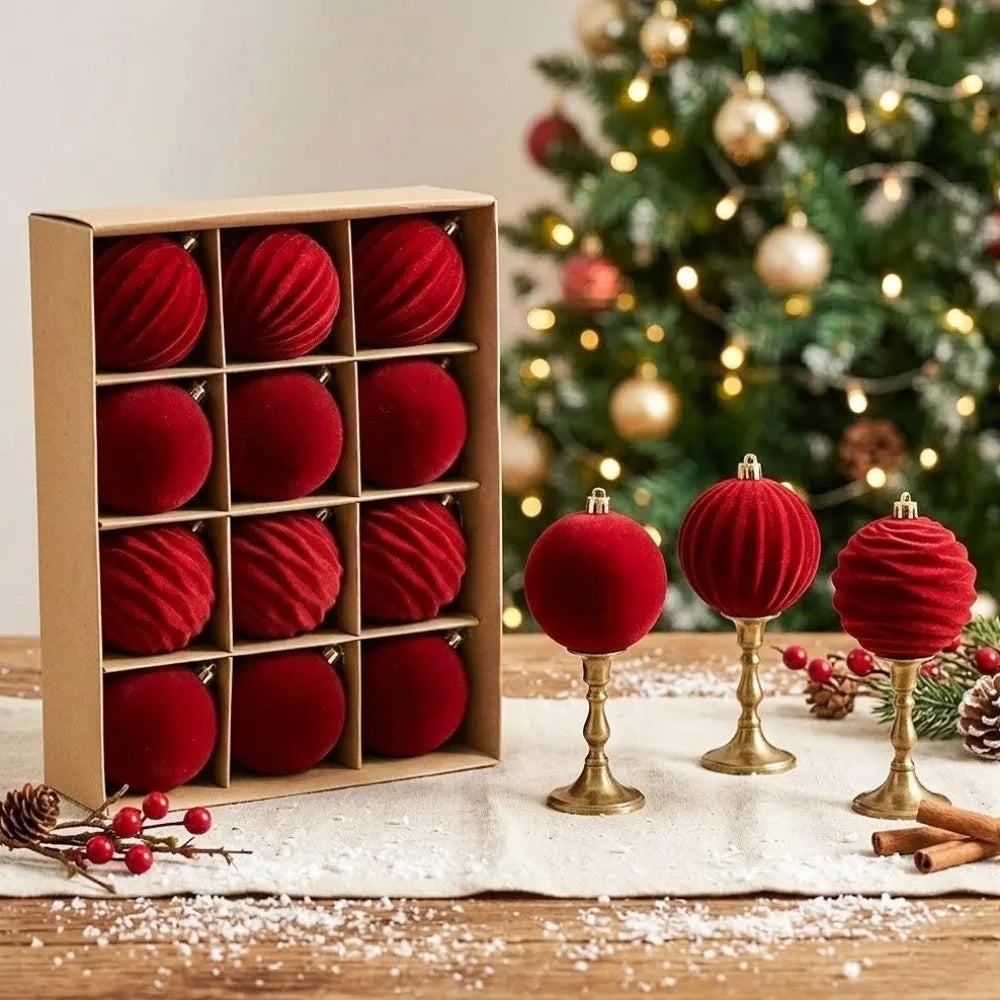 12Pcs Velvet Flocked Christmas Balls 6CM Tree Ornaments Christmas Tree Ornaments Richie's