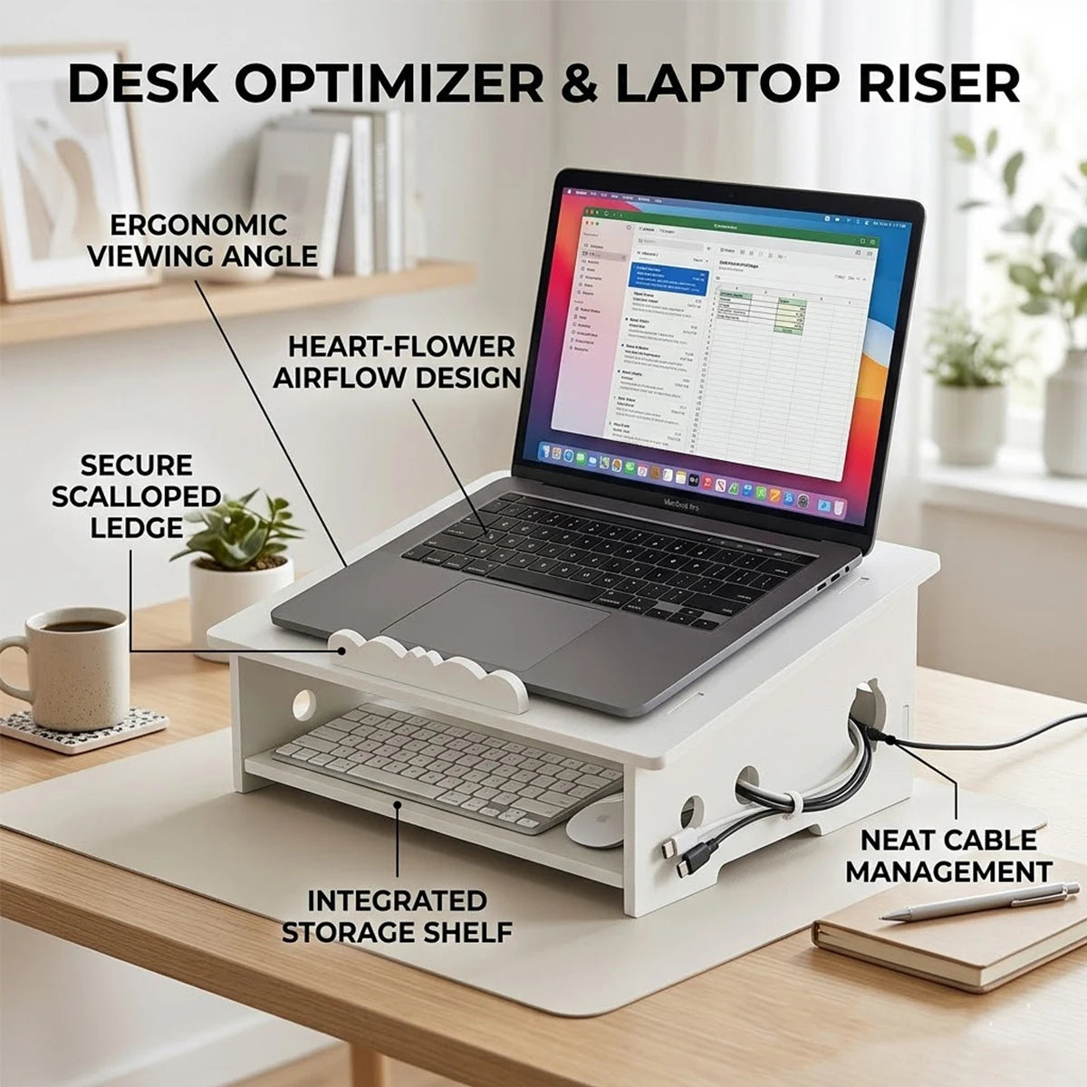 White Laptop Riser with Storage Shelf & Cable Management Laptop Stand Richie's Default Title