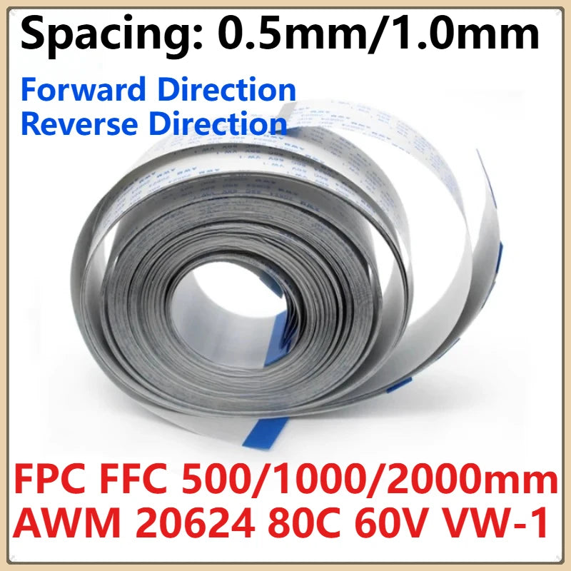 FPC FFC Flexible Flat Cable AWM 20624 | 4–60 Pin, 0.5/1.0mm Flexible Flat Cable Richie's 500mm 28 Pin 0.5MM 1Pcs|Reverse Direction
