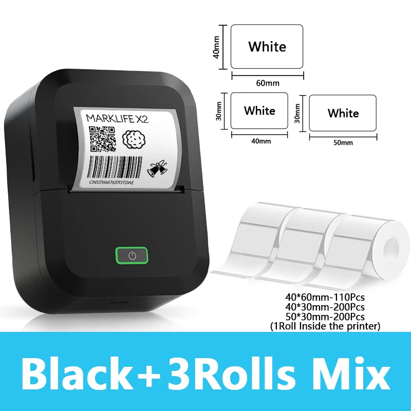 Marklife X2 Mini Bluetooth Thermal Label Printer – Inkless Thermal Label Printer Richie's Black 3Rolls Mix