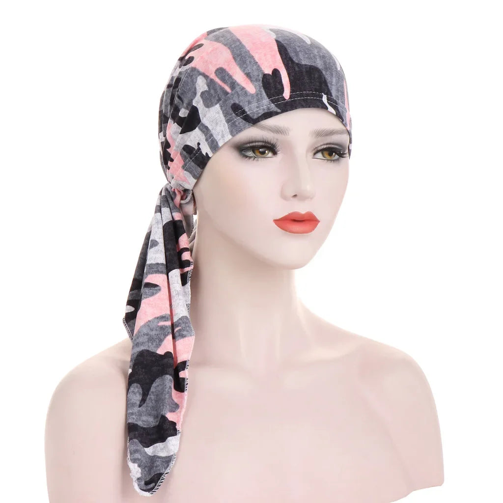 Women's Printed Pre-Tied Turban Cap Hijab Headscarf Bandana Turban Headscarf Cap Richie's pink camouflage