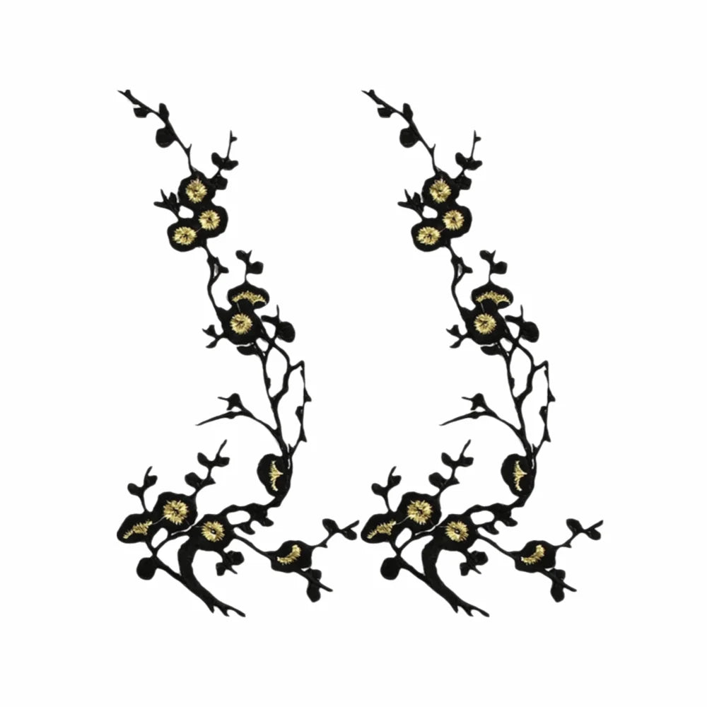 Cherry Blossom Iron-On Embroidery Patches – 2Pcs Floral Appliqué Embroidery Iron-On Patch Richie's Black